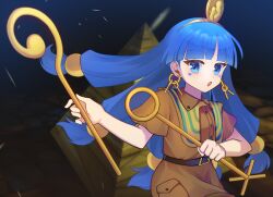  1girl blue_eyes blue_hair brown_shirt collared_shirt commentary_request dual_wielding earrings facial_mark gold_headdress hair_ornament holding holding_scepter jewelry key_earrings long_hair looking_at_viewer michigami_nareko mirei_(miirei) pyramid_(structure) scepter shirt short_sleeves solo sphere_hair_ornament touhou triangle triangle_facial_mark usekh_collar very_long_hair 