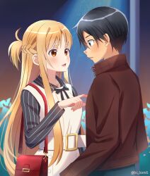  1boy 1girl alternate_costume asuna_(sao) bag belt black_hair blue_pants blush braid breasts brown_eyes brown_hair brown_jacket collared_jacket collared_shirt commentary_request couple dress finger_to_another's_chest grey_eyes grey_shirt hair_between_eyes half_up_half_down_braid handbag heart heart_necklace hetero high-waist_belt highres jacket jewelry kirito lamppost long_hair long_sidelocks looking_at_another medium_breasts necklace pants parted_lips pinstripe_pattern pinstripe_shirt red_bag shirt shirt_under_dress short_hair sidelocks sword_art_online tu_tora2 upper_body white_belt white_dress wing_collar 