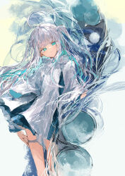  1girl absurdres ahoge aqua_eyes aqua_hair black_skirt floating_hair halftone hand_on_own_leg highres ichika_(ichika87) long_hair multicolored_hair original oversized_clothes oversized_shirt shirt skirt solo standing thigh_strap twintails two-tone_hair white_background white_hair white_shirt 
