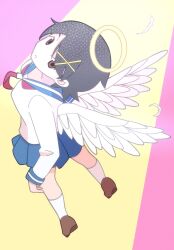  1girl :o angel angel_wings black_hair blue_sailor_collar blue_skirt brown_eyes brown_shoes commentary feathered_wings feathers from_above from_behind full_body fuura_kafuka hair_ornament halo highres kaki111222 long_sleeves looking_at_viewer looking_up neckerchief pink_background red_neckerchief sailor_collar sailor_shirt sayonara_zetsubou_sensei school_uniform serafuku shirt shoes short_hair skirt socks solo spoilers two-tone_background white_shirt white_socks white_wings wings x_hair_ornament yellow_background yellow_halo 
