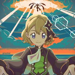  1girl absurdres artist_name ascot black_dress brown_hair clouds cloudy_sky dress grey_eyes highres light_rays looking_at_viewer official_alternate_costume otakuman pokemon pokemon_(creature) pokemon_masters_ex serena_(pokemon) serena_(sygna_suit)_(pokemon) short_hair sky sunbeam sunlight white_ascot zygarde zygarde_(complete) 