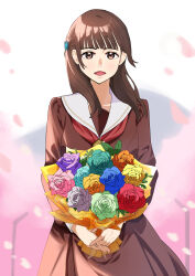  1girl animification blue_flower bouquet brown_dress brown_eyes brown_hair cherry_blossoms commentary_request dress falling_petals flower goldluck green_flower grey_flower hair_ornament hasu_no_sora_school_uniform highres holding holding_bouquet long_hair long_sleeves love_live! love_live!_hasu_no_sora_jogakuin_school_idol_club neckerchief nirei_nozomi open_mouth orange_flower outdoors petals pink_flower purple_flower rabbit_hair_ornament real_life red_flower red_neckerchief sailor_collar sailor_dress school_uniform smile solo voice_actor white_sailor_collar winter_uniform 