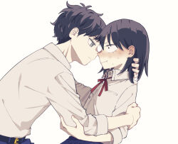  1boy 1girl :i :| belt black_eyes black_hair blue_pants blue_skirt blush closed_mouth collared_shirt face-to-face futsuu_no_keion-bu grey_eyes hatono_chihiro highres hug imminent_kiss kanminec0 medium_hair mizuo_haruichi neck_ribbon nervous_sweating pants pleated_skirt red_ribbon ribbon school_uniform shirt short_hair skirt sweat white_background white_shirt 