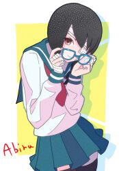 1girl bandaged_arm bandaged_fingers bandaged_head bandages black_hair black_thighhighs blue-framed_eyewear blue_sailor_collar blue_skirt border braid brown_eyes character_name closed_mouth commentary cowboy_shot drop_shadow gauze gauze_over_eye glasses hair_over_shoulder highres holding holding_removed_eyewear kaki111222 kobushi_abiru long_hair long_sleeves looking_at_viewer neckerchief outside_border red_neckerchief sailor_collar sailor_shirt sayonara_zetsubou_sensei school_uniform serafuku shirt skirt smile solo thigh-highs twin_braids unworn_eyewear white_border white_shirt yellow_background 