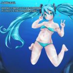  1girl aqua_hair bikini double_v green_eyes h2o_uw hatsune_miku long_hair musical_note solo striped striped_bikini striped_swimsuit submerged swimsuit twintails underwater v very_long_hair vocaloid 