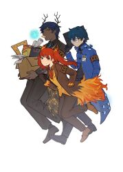  1girl 2boys aaaduorenzu absurdres aedd_(e.g.o) alyssa_(project_moon) ardor_blossom_star_(e.g.o) armband beard_stubble black-framed_eyewear black_armband black_gloves black_jacket black_pants black_shirt black_shoes blue_coat blue_eyes blue_hair blue_jacket blue_necktie box brown_vest chips_(food) clipboard coat collared_shirt dark-skinned_male dark_skin e.g.o_(project_moon) facial_hair fairy fire_hair_ornament flame_print food food_in_mouth full_body gloves hair_branch hand_in_pocket highres hohenheim_(project_moon) holding holding_box holding_clipboard jacket lantern_(e.g.o) leaning_forward limbus_company long_sleeves looking_at_viewer marton_(project_moon) medium_hair multiple_boys nail_(hardware) necktie open_clothes open_coat open_jacket orange_coat orange_eyes orange_shirt orange_shoes orange_vest pants paper potato_chips project_moon red_eyes red_necktie rolled-up_paper round_eyewear set_square shirt shoes simple_background smile stubble suit_pants twintails vest walking white_background 