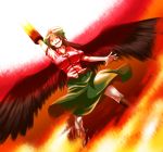  1girl arm_up black_wings bow hair_bow highres long_hair looking_at_viewer madara_hato open_mouth red_eyes reiuji_utsuho smile solo touhou wings 