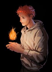  1boy absurdres adam's_apple black_background black_hair black_pants estrixart fingernails fire grey_jacket highres hood hood_down hooded_jacket itadori_yuji jacket jujutsu_kaisen male_focus multicolored_hair open_mouth pants pink_hair red_eyes scar scar_on_face scar_on_forehead scar_on_mouth short_hair simple_background solo two-tone_hair upper_body 