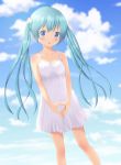  1girl aqua_hair blue_eyes blush clouds dress hatsune_miku highres kyak_bamboo long_hair looking_at_viewer open_mouth sky solo twintails vocaloid 