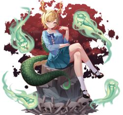  1girl antlers blonde_hair blue_shirt brown_shoes crossed_legs dragon_girl dragon_horns dragon_tail full_body game_asset gin_(gin937) green_tail high_heels horns kicchou_yachie long_sleeves looking_at_viewer non-web_source official_art otter otter_spirit_(touhou) red_eyes self-datamine shirt shoes short_hair simple_background sitting skull socks solo spiked_shell square_neckline tail touhou touhou_arcadia_record transparent_background turtle_shell white_socks wide_sleeves yellow_horns 