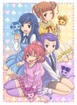  4girls :d aida_mana blue_eyes blue_hair blush brown_eyes brown_hair club davi_(dokidoki!_precure) diamond_(shape) dokidoki!_precure gig99 heart hishikawa_rikka kenzaki_makoto lance_(dokidoki!_precure) multiple_girls open_mouth orange_hair pink_eyes pink_hair precure purple_hair raquel_(dokidoki!_precure) sharuru_(dokidoki!_precure) sitting smile spade violet_eyes wariza weapon wink yotsuba_alice 