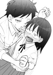  1boy 1girl @_@ absurdres blush collared_shirt futsuu_no_keion-bu greyscale hatono_chihiro hetero highres holding_another's_wrist kanminec0 mizuo_haruichi monochrome neck_ribbon pleated_skirt rejected_kiss ribbon school_uniform shirt short_hair skirt sweatdrop white_background 