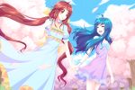  2girls :d ahoge blue_hair blush cherry_blossoms closed_eyes dress female hanasaki_tsubomi heartcatch_precure! holding_hands kurumi_erika long_hair multiple_girls open_mouth pink_eyes pink_hair precure senba_hikari sky smile twintails 