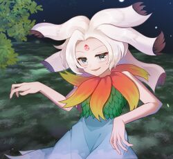 1girl blue_dress commentary_request dress forehead_tattoo grey_eyes grey_hair houjuu_chimi leaf_shirt long_hair looking_at_viewer mirei_(miirei) open_mouth outdoors sleeveless sleeveless_dress smile solo tattoo touhou 