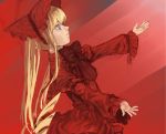  1girl aqua_eyes bangs blonde_hair bonnet bow capelet dress drill_hair expressionless long_hair looking_afar outstretched_arms parted_lips red_dress rozen_maiden shinku solo spread_arms taaki_(taki0123) twintails very_long_hair 
