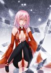  1girl bare_shoulders black_legwear breasts center_opening cleavage detached_sleeves elbow_gloves fingerless_gloves gloves guilty_crown hair_ornament hairclip koko_(koko3) long_hair looking_at_viewer navel open_mouth pink_hair red_eyes solo thigh-highs twintails yuzuriha_inori 