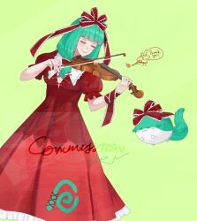  1girl aroevela bow closed_eyes collared_dress commission dress front_ponytail green_background holding holding_instrument holding_violin instrument kagiyama_hina playing_violin red_bow red_dress red_ribbon ribbon smile solo sukusuku_hakutaku touhou violin watermark 