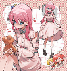  >_< 3girls ahoge alternate_costume bell_sleeves ben-day_dots black_shoes blonde_hair blue_eyes blush bocchi_the_rock! breasts closed_mouth commentary cube_hair_ornament dress gloom_(expression) gotoh_hitori grid_background hair_between_eyes hair_ornament heart highres holding holding_own_dress holding_stuffed_toy ijichi_nijika kita_ikuyo kneehighs long_hair long_sleeves medium_breasts medium_dress multiple_girls one_side_up open_mouth own_hands_clasped own_hands_together pink_hair red_hair screentones scripco shoes socks standing stuffed_animal stuffed_toy teddy_bear watermark white_dress white_socks 