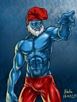  1boy abs artist_name beard blade_of_fury blue_skin bulge dated facial_hair hat manly muscle mustache old_man pants papa_smurf pointing pointing_forward red_pants shirtless solo the_smurfs white_hair 