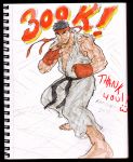  1boy absurdres barefoot black_hair dougi eyebrows fighting_stance fingerless_gloves gloves headband highres hits muscle photo ryuu_(street_fighter) short_hair solo steven_mack street_fighter thank_you thick_eyebrows traditional_media 