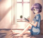  1girl actop barefoot bed ef expressionless eyepatch full_body hair_ornament hairclip hospital_bed light looking_at_viewer notebook purple_hair shindou_chihiro short_hair sitting solo window writing yellow_eyes 