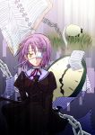  1girl chain cropped_jacket ef eyepatch long_sleeves looking_away notebook paper puffy_sleeves purple_hair school_uniform sheep shindou_chihiro short_hair solo standing yellow_eyes 