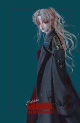  1girl absurdres balalaika_(black_lagoon) bekus black_lagoon black_pantyhose blonde_hair blue_eyes burn_scar character_name closed_mouth coat coat_on_shoulders commentary cowboy_shot emblem green_background green_coat highres long_hair looking_at_viewer military_coat mole mole_under_eye pantyhose parted_bangs ponytail red_lips red_shirt russian_text scar scar_on_face shirt shoulder_boards simple_background solo soviet standing star_(symbol) turning_head wrinkled_skin 
