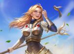 1girl absurdres ahoge animal armor bird blonde_hair blue_eyes blue_sky breastplate day hairband highres holding holding_staff jing_zhou leaf league_of_legends lens_flare long_hair long_sleeves looking_at_animal lux_(league_of_legends) open_mouth see-through sky smile solo staff teeth upper_body wind