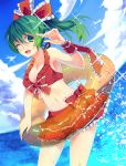  1girl adapted_costume beach bikini bikini_skirt bow breasts clouds frills green_eyes green_hair hair_bow hair_ribbon highres innertube kagiyama_hina long_hair nail_polish nomu open_mouth ponytail ribbon sky smile solo swimsuit touhou water wink 