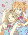  15 2girls :d blue_eyes brown_hair copyright_name fairy_tone green_eyes grey_background half_updo holding_hands houjou_hibiki long_hair minamino_kanade multiple_girls musical_note open_mouth orange_hair precure school_uniform simple_background smile suite_precure two_side_up v 