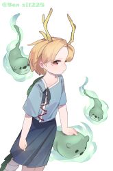  1girl absurdres antlers blonde_hair blue_shirt blue_skirt closed_mouth commentary_request dragon_girl dragon_horns dragon_tail gumingdi_ban highres horns kicchou_yachie otter otter_spirit_(touhou) pleated_skirt red_eyes shirt short_hair short_sleeves simple_background skirt solo spiked_shell square_neckline tail touhou turtle_shell twitter_username white_background yellow_horns 