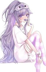  1girl chest_jewel gem hand_jewel highres hololive hololive_english jewel_under_eye knees_up koseki_bijou koseki_bijou_(pebble_pajamas) long_hair mask mask_on_head miza8276 pacifier pink_thighhighs ponytail purple_gem purple_hair shirt simple_background single_thighhigh sleep_mask solo thigh-highs very_long_hair violet_eyes virtual_youtuber white_background white_shirt 