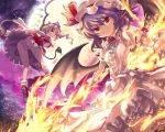  2girls ascot ass bare_legs bat_wings blonde_hair flandre_scarlet full_moon hat k2pudding laevatein lavender_hair looking_back moon multiple_girls open_mouth panties red_eyes remilia_scarlet short_hair side_ponytail skirt skirt_set smile spear_the_gungnir touhou underwear upskirt white_panties wings wrist_cuffs 