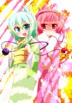  2girls :d blush full-face_blush green_eyes green_hair hair_ornament hair_up hairband heart highres japanese_clothes kimono komeiji_koishi komeiji_satori multiple_girls okumari open_mouth pink_hair red_eyes short_hair siblings sisters smile third_eye touhou 