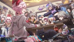  3boys 6+girls absurdres anger_vein black_hairband black_hoodie black_shorts black_skirt black_thighhighs blade_(honkai:_star_rail) blue_skirt caelus_(honkai:_star_rail) closed_eyes commentary cropped_hoodie cyrene_(demiurge)_(honkai:_star_rail) cyrene_(honkai:_star_rail) dan_heng_(honkai:_star_rail) elysia_(herrscher_of_human:_ego)_(honkai_impact) elysia_(honkai_impact) english_commentary evanescia_(honkai:_star_rail) eyewear_on_head firefly_(honkai:_star_rail) genshin_impact grey_hair hairband highres honkai:_nexus_anima honkai:_star_rail honkai_(series) honkai_impact_3rd hood hood_down hoodie indoors kafka_(honkai:_star_rail) kiana_kaslana kiana_kaslana_(honkai:_nexus_anima) long_hair long_sleeves march_7th_(honkai:_star_rail) mhunter_45 midriff mihoyo multiple_boys multiple_girls navel open_mouth pink_hair pom-pom_(honkai:_star_rail) raiden_shogun remielle_dan short_hair shorts silver_wolf_(honkai:_star_rail) silver_wolf_(lv.999)_(honkai:_star_rail) sitting skirt smile sparkle_(honkai:_star_rail) sparxie_(honkai:_star_rail) stelle_(honkai:_star_rail) sunday_(honkai:_star_rail) thigh-highs trailblazer_(honkai:_star_rail) white_hoodie white_thighhighs zenless_zone_zero zhu_yuan 