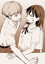  1boy 1girl absurdres anger_vein belt bowl_cut chair collared_shirt futsuu_no_keion-bu grin hatono_chihiro highres kanminec0 leaning_back leaning_forward leaning_on_table medium_hair neck_ribbon on_chair ribbon school_uniform shirt short_hair smile takami_kouki 
