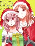  2girls bare_shoulders box gift gift_box gloves guilty_crown hair_ornament hairclip hat long_hair multiple_girls ouma_mana pink_hair red_eyes santa_hat twintails winter_clothes yoma yuzuriha_inori 