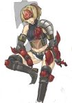  1girl armor blonde_hair breasts forehead_protector gauntlets highres kuroobi_(armor) long_hair looking_at_viewer monster_hunter ponytail shorts sitting solo spikes taaki_(taki0123) vertical_stripes 