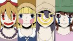  4girls ayukae bangs beads blue_eyes blunt_bangs braid cabbie_hat casual crossover donut_hole_(vocaloid) dress face facepaint goggles goggles_on_head hat lineup looking_at_viewer lowres madotsuki multiple_girls red_eyes smile sometsuki twin_braids ultraviolet urotsuki usotsuki violet_eyes vocaloid yume_2kki yume_nikki yume_nisshi 