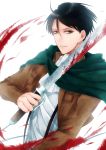  1boy ascot black_hair blood cape green_eyes jacket levi_(shingeki_no_kyojin) norio_(chiki!chiki!) shingeki_no_kyojin solo sword weapon 