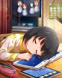  1girl bedroom black_hair book calendar_(object) card_commentary chair character_doll closed_eyes closed_mouth commentary_request desk doll floral_print_shirt game_asset head_rest idolmaster idolmaster_(classic) idolmaster_million_live! idolmaster_million_live!_theater_days indoors long_sleeves nakatani_iku official_art ogami_tamaki on_chair open_book pajamas pencil_case shirt short_hair sitting sleeping smile solo takatsuki_yayoi teruterubouzu third-party_source window wooden_chair yabuki_kana yellow_shirt 