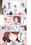  apron atago_kinue blue_hair blush bracelet brown_eyes brown_hair cardigan comic haramura_nodoka headphones japanese_clothes jewelry jindai_komaki kanaa_(apple_tea_z) long_hair matsumi_yuu miko mizuhara_hayari pink_hair ribbon saki saki_achiga-hen scarf smile thigh-highs thumbs_up trembling wink 