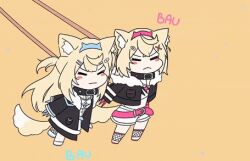 3girls animated animated_gif blonde_hair blush bone_hair_ornament brown_hair chibi collar dog_ears dog_girl dog_tail fuwawa_abyssgard hairband hololive hololive_english inugami_korone inugami_korone_(1st_costume) jacket kneehighs leash mococo_abyssgard onomatopoeia orange_eyes twin_braids virtual_youtuber wan_wan white_dress