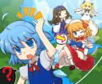  black_hair blonde_hair blue_eyes blue_hair bow cirno dress drill_hair fang hair_bow inuinui long_hair luna_child multiple_girls open_mouth red_eyes short_hair skirt smile star_sapphire sunny_milk theft touhou twintails wings wink 