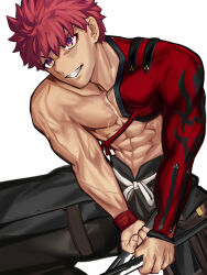  1boy abs cape emiya_shirou fate/grand_order fate_(series) highres iamainwork male_focus messy_hair orange_hair red_hair senji_muramasa_(fate) single_bare_shoulder solo toned unworn_cape 