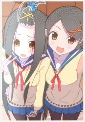  2girls :d bangs_pinned_back black_hair black_thighhighs blue_sailor_collar blue_skirt border breasts brown_eyes commentary_request cowboy_shot feathers fuura_kafuka hair_ornament hand_up highres kaki111222 komori_kiri light_blush long_hair long_sleeves looking_at_viewer medium_breasts multiple_girls neck_ribbon open_mouth raised_inner_eyebrows red_ribbon ribbon sailor_collar sayonara_zetsubou_sensei school_uniform selfie serafuku short_hair skirt smile sweater thigh-highs v very_long_hair white_border x_hair_ornament yellow_sweater 
