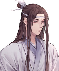  1boy absurdres brown_eyes brown_hair chinese_clothes closed_mouth grandmaster_of_demonic_cultivation half_updo hanfu headband highres hinamaru lan_wangji light_smile long_hair looking_to_the_side male_focus robe sidelocks simple_background solo topknot upper_body very_long_hair white_background white_hanfu white_headband xiao_guan_(headdress) 