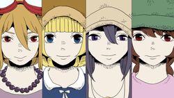  4girls ayukae bangs beads blue_eyes blunt_bangs braid cabbie_hat casual crossover donut_hole_(vocaloid) dress face goggles goggles_on_head hat lineup looking_at_viewer lowres madotsuki multiple_girls red_eyes smile sometsuki twin_braids ultraviolet urotsuki usotsuki violet_eyes vocaloid yume_2kki yume_nikki yume_nisshi 