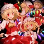  4girls ascot black_background blonde_hair fang flandre_scarlet four_of_a_kind_(touhou) hand_to_own_mouth hat hat_ribbon lowres mary_janes multiple_girls nimomo open_mouth red_eyes ribbon shoes short_hair side_ponytail simple_background skirt skirt_set smile touhou wings 