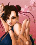  1girl alternate_costume bracelet brown_eyes brown_hair chun-li close-up double_bun dress earrings fighting_stance foreshortening fringe hair_ribbon highres jewelry lips nasunasunasubi nose ribbon short_hair smile solo spiked_bracelet spikes street_fighter street_fighter_iv 